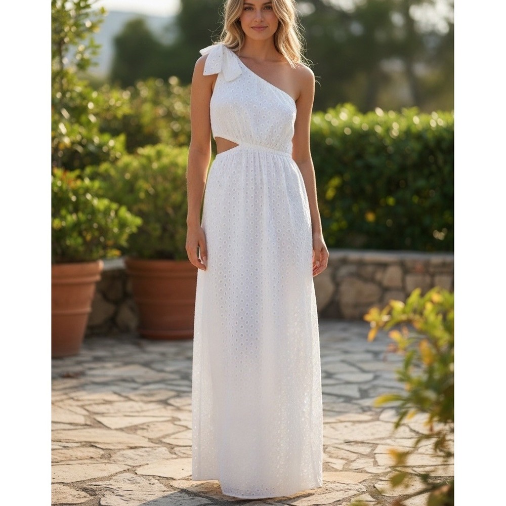 Show Me Your Mumu White Tie One Shoulder Maxi Dress Eyelet Cutout Size M